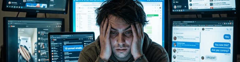 A man sitting at a desk with six computer screens and a laptop, holding a smartphone and looking stressed.